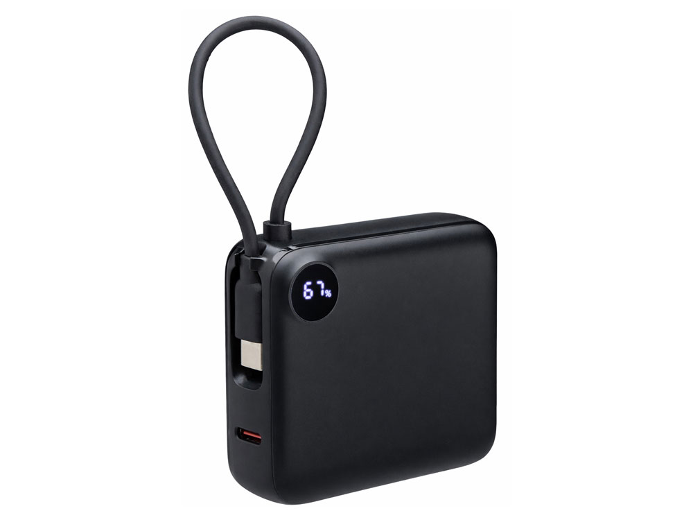 Внешний аккумулятор со встроенным кабелем Liri, QC/PD, 10000 мАч