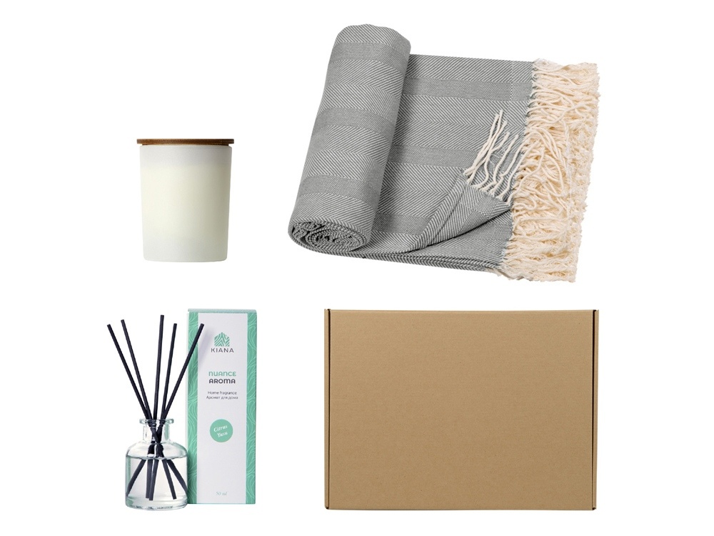 Подарочный набор для дома с пледом, свечой и диффузором